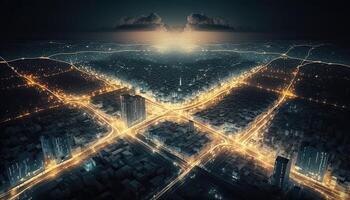 futurista ciudad conectado por invisible Internet Enlaces. panorama aéreo ver de inteligente ciudad, conectividad concepto. generativo ai. foto