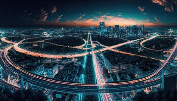 Futuristic city connected by invisible internet links. Panorama aerial view of smart city, connectivity concept. . photo