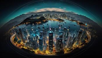 Global Network Connection Over Futuristic Smart City. Panaromic Aerial Cityscape, Digital Illustration. photo