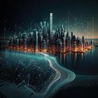 Futuristic smart cities, abstract dots, gradient lines, and aesthetic all work together. Complex lines with the idea of a huge data link. City lights reflected on the water. . photo