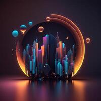 Futuristic of neon glowing in circular shape, cityscape. Cyberpunk in buildings view with digital design. . photo