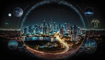 Global Network Connection Over Futuristic Smart City. Panaromic Aerial Cityscape, Digital Illustration. photo