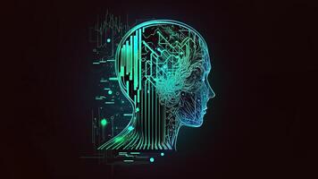 Artificial Intelligence in Humanoid Head with Neural Network, Digital Brain Learning Processing Big Data. Face of Cyber Mind. Technology. photo