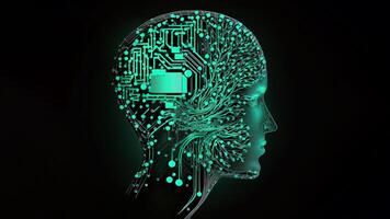 Artificial Intelligence in Humanoid Head with Neural Network, Digital Brain Learning Processing Big Data. Face of Cyber Mind. Technology. photo