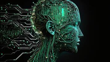 artificial inteligencia en humanoide cabeza con neural red, digital cerebro aprendizaje Procesando grande datos. cara de ciber mente. generativo ai tecnología. foto