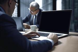 Closeup View of Two Senior Businessmen Using Laptop and Sit at Desk in Modern Office Room. Generative AI Illustration. photo