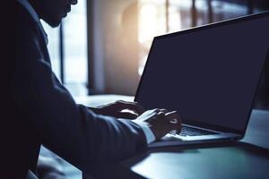 Closeup View of African Businessman Working on Laptop and Sit at Desk in Shiny Modern Room. Illustration. photo