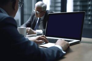 Closeup View of Two Senior Businessmen Using Laptop and Sit at Desk in Modern Office Room. Illustration. photo