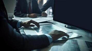 Closeup View of Businessmen Working Together on a Document with Computer And Sitting At Desk in Modern office Room. Illustration. photo
