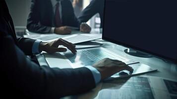 Closeup View of Businessmen Working Together on a Document with Computer And Sitting At Desk in Modern office Room. Generative AI Illustration. photo