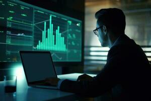 Side View of Handsome Businessman Using Laptop and Sitting at Desk with Green Financial Dashboard In Dark Room. Generative AI Illustration. photo