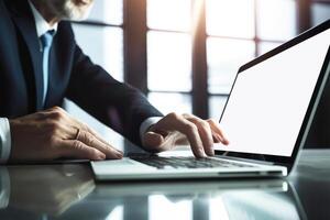 Closeup View of Senior Businessman Working on Laptop At Shiny Boardroom. Illustration. photo