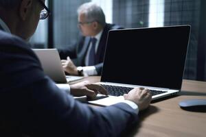 Closeup View of Two Senior Businessmen Using Laptop and Sit at Desk in Modern Office Room. Illustration. photo