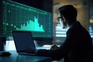 Side View of Handsome Businessman Using Laptop and Sitting at Desk with Green Financial Dashboard In Dark Room. Generative AI Illustration. photo