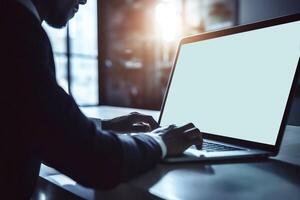 Closeup View of African Businessman Working on Laptop and Sit at Desk in Shiny Modern Room. Generative AI Illustration. photo