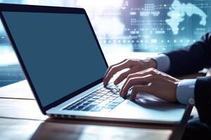 Closeup View of Businessman Typing on Laptop and Sit At Desk with Abstract Forex Map Chart In Shiny Room. Illustration. photo