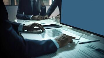Closeup View of Businessmen Working Together on a Document with Computer And Sitting At Desk in Modern office Room. Illustration. photo