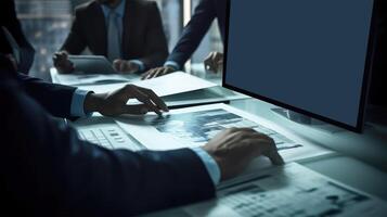 Closeup View of Businessmen Working Together on a Document with Computer And Sitting At Desk in Modern office Room. Illustration. photo