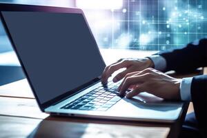 Closeup View of Businessman Typing on Laptop and Sit At Desk with Abstract Forex Chart In Shiny Room. Illustration. photo