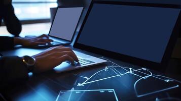 Closeup View of Businessmen Working on Laptop, Computer and Sitting at Desk with Strategy Graph in Background. Illustration. photo