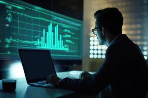 Side View of Handsome Businessman Using Laptop and Sitting at Desk with Green Financial Dashboard In Dark Room. Illustration. photo