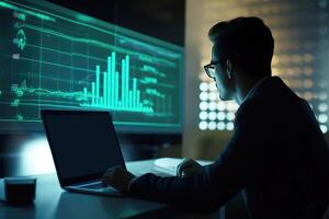 Side View of Handsome Businessman Using Laptop and Sitting at Desk with Green Financial Dashboard In Dark Room. Generative AI Illustration. photo