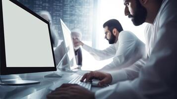 Realistic Portrait of Arabic Businessmen Working on Computer with Coworker In Office. Illustration. photo