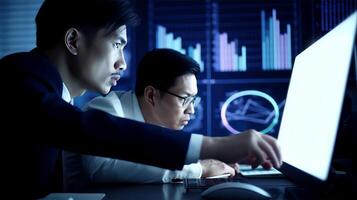 Side View of Young Asian IT Programers Working on Desktop Computers In Dark Office Room. Illustration. photo