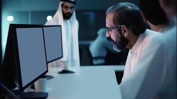 Realistic Portrait of Arabic Business People Working Together In An Office with Computer. Illustration. photo