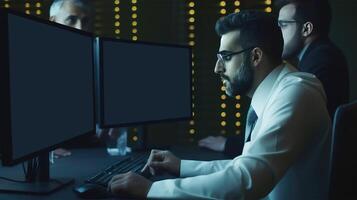 Side View of Senior Businessmen Working Coworker at Desk With Computer And Keyboard In Dark Lighting Background. Illustration. photo