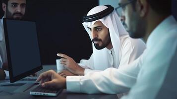 Realistic Portrait of Multicultural Business People Talking About Business At Desk with Computer. Illustration. photo