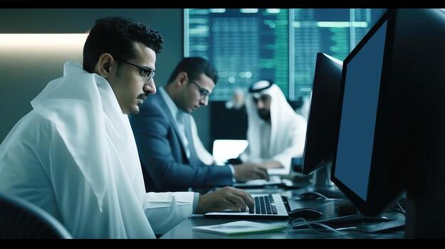 Team Portrait of Multicultural Business Working At Desk with Computer In An Office. Illustration. photo