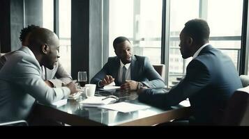 realista retrato de joven africano negocio colegas que se discute papeleo en un oficina con bebida vaso. generativo ai ilustración. foto