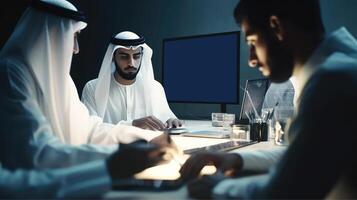 Side View of Handsome Businessmen Working Together at Desk With Computer And Keyboard In Dark Lighting Background. Illustration. photo