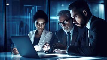 Closeup View of Serious Business People Discussing And Looking At Laptop in the Dark Blue Room. Illustration. photo