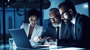 Closeup View of Serious Business People Discussing And Looking At Laptop in the Dark Blue Room. Illustration. photo