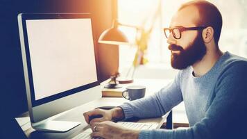 Side View of Eyeglasses and Formal Wearing Young Businessman Using Keyboard with Computer on Desk in Shiny Room. Generative AI Illustration. photo