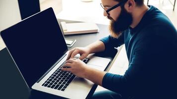 Side View of Eyeglasses and Formal Wear Handsome Businessman Using Laptop Sitting at Desk with Notepad. Illustration. photo