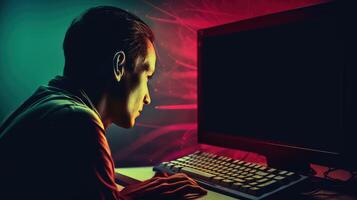Side View of Young Businessman Typing on Keyboard With Computer In Dark Neon Light Room. Illustration. photo