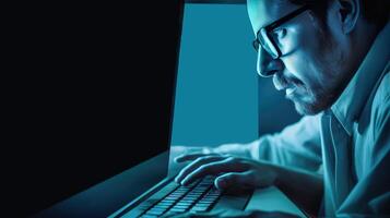 Side View of Concentrate Businessman Working on Keyboard with Computer At Dark Blue Light Room. Illustration. photo