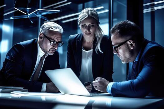 Realistic Portrait of Business People Discussing and Using Laptop with Mobile at Desk. Illustration. photo