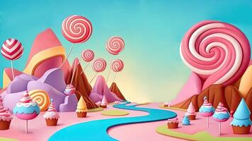 hermosa fantasía dulce mundo fondo, tierra de dulces. generativo ai, digital ilustración. foto