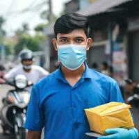 Portrait of Delivery Boy Holding Cardboard Box in Protective Mask, Work for Courier Service. Generative AI. photo