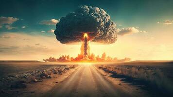 Destroyed world, nuclear explosion with fire burning, ai-generative digital art. photo