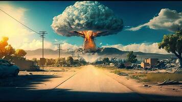 Destroyed world, nuclear explosion with fire burning, ai-generative digital art. photo