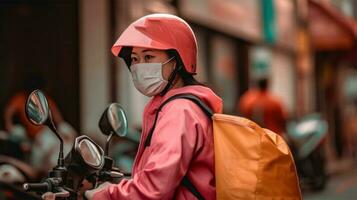 ficticio comida asiático entrega niña montando en bicicleta con térmico bolsa, Rápido entrega Servicio desde café y restaurante. generativo ai. foto