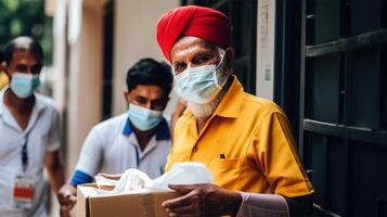 Portrait of Mid Aged Delivery Men Wearing Protective Mask and Open Cardboard Box, Work for Courier Service. Generative AI. photo