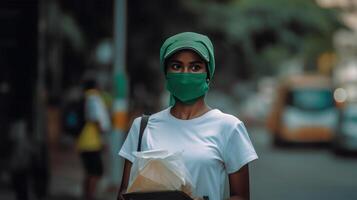 Closeup Portrait of Delivery GIrl Holding Parcel in Uniform and Protective Mask, Delivery Service from Cafe and Restaurant. . photo