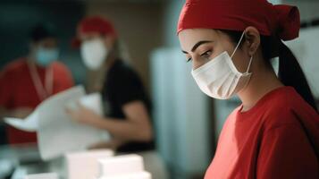 lado ver retrato de entrega niña vistiendo rojo camiseta y mascarilla, paquete o empaquetar embalaje antes de envío, trabajo para mensajero servicio. generativo ai. foto