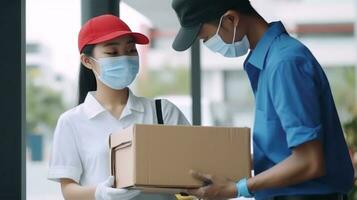 Closeup Portrait of Delivery Employees Male and Female Holding a Cardboard Box Together in Two Color Uniform and Protective Mask, Work for Courier Service. Generative AI. photo